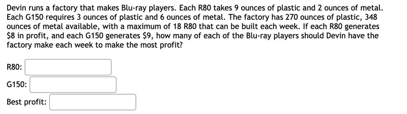 Devin runs a factory that makes Blu-ray players. Each R80 takes 9 ounces of plastic-example-1