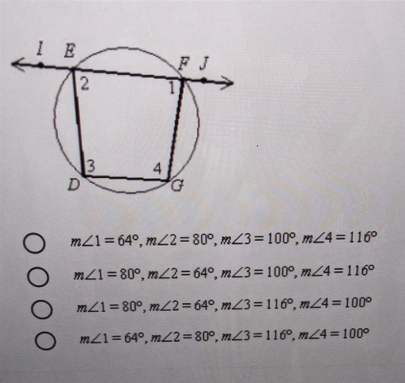 Given: mĐIED = 116° and mÐJFG = 100° Find the measure of each unknown angle. (not-example-1