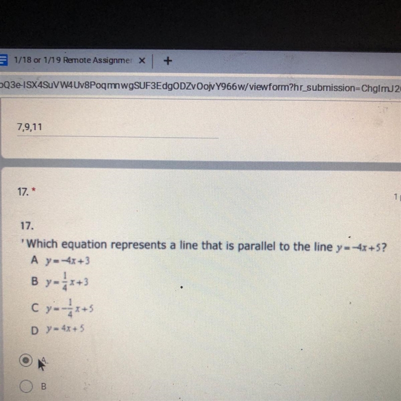 PLEASE HELP!!!'Which equation represents a line that is parallel to the line y=-4x-example-1