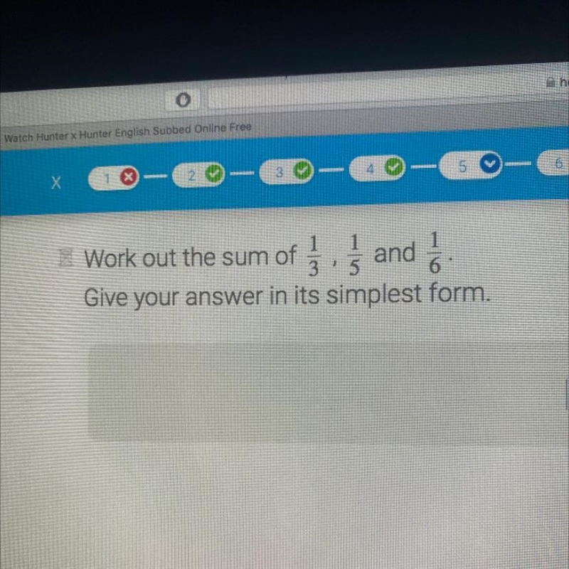 Sum of 1/3, 1/5 and 1/6 in simplest form-example-1