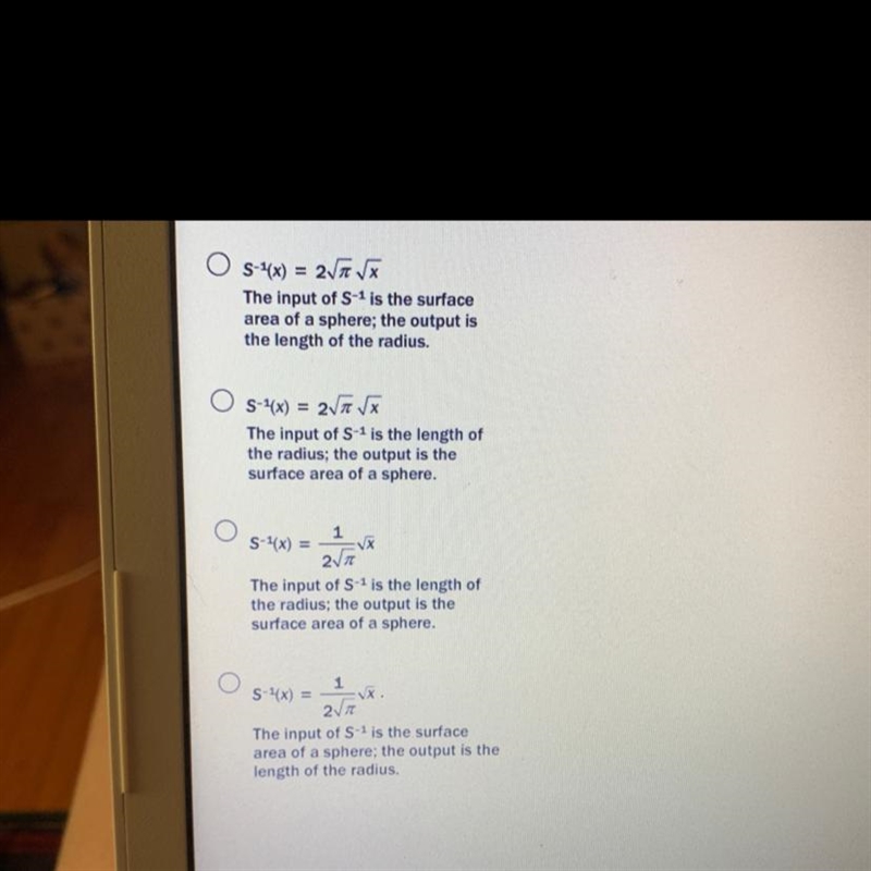 NEED HELP ASAP!! the surface area of a sphere is S(x)=4pix^2, where x is the length-example-1