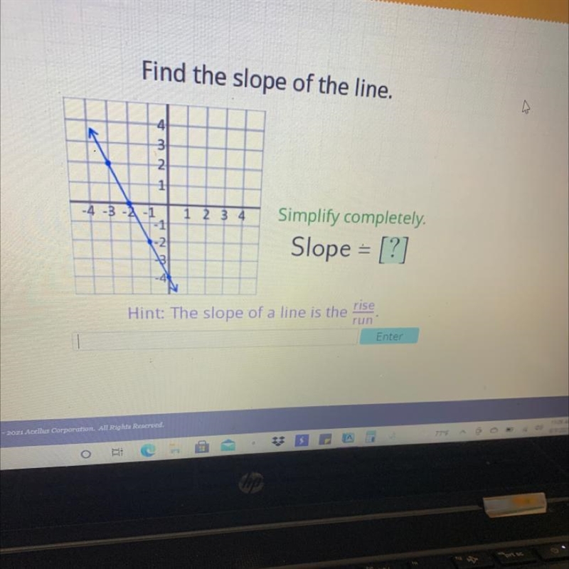 Find the slope of the line. 4 31 21 -4-3-4-1 1 2 3 Simplify completely Slope = [?] rise-example-1