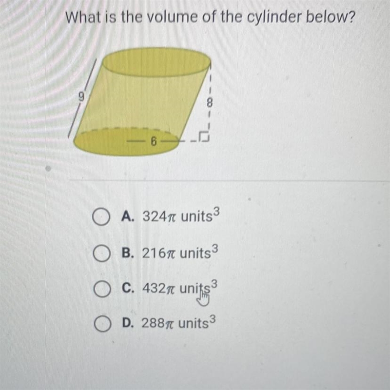 What is the volume of the cylinder below? PLEASE HELP RN-example-1