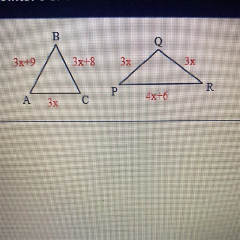 The perimeters of the triangles shown are equal. Find the side lengths of each triangle-example-1