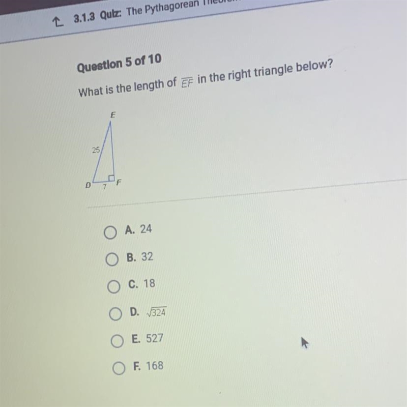 What is the length of ef in the right triangle below?-example-1