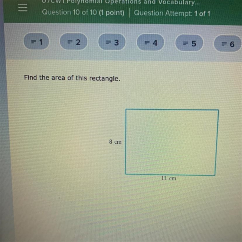 Find the area of this rectangle. 8 cm 11 cm-example-1