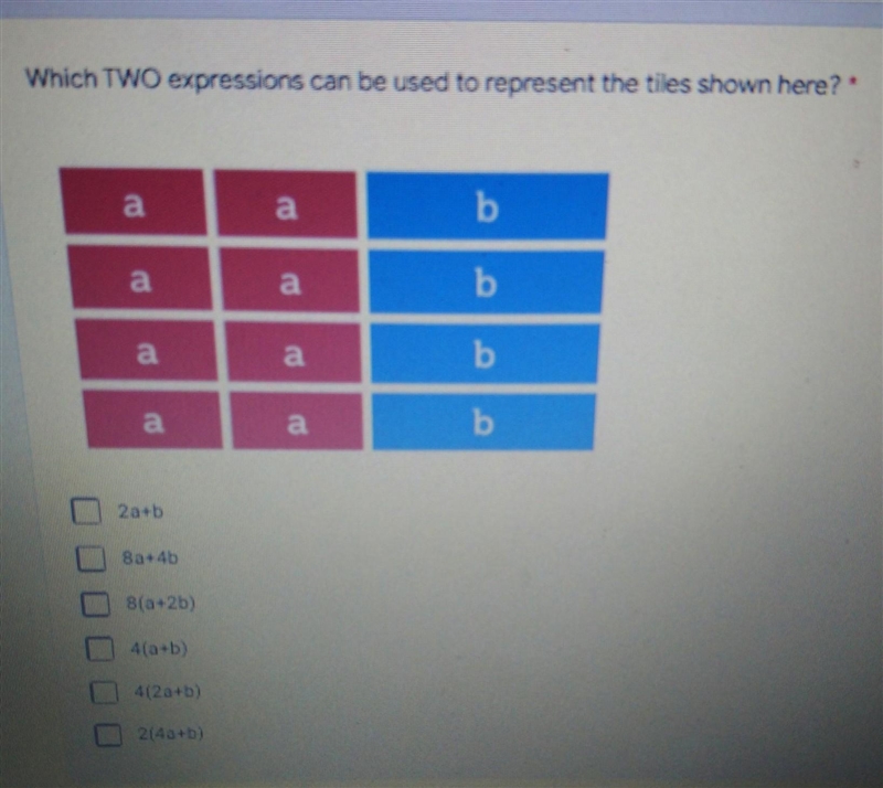 Which TWO expressions can be used to represent the tiles shown here?​-example-1