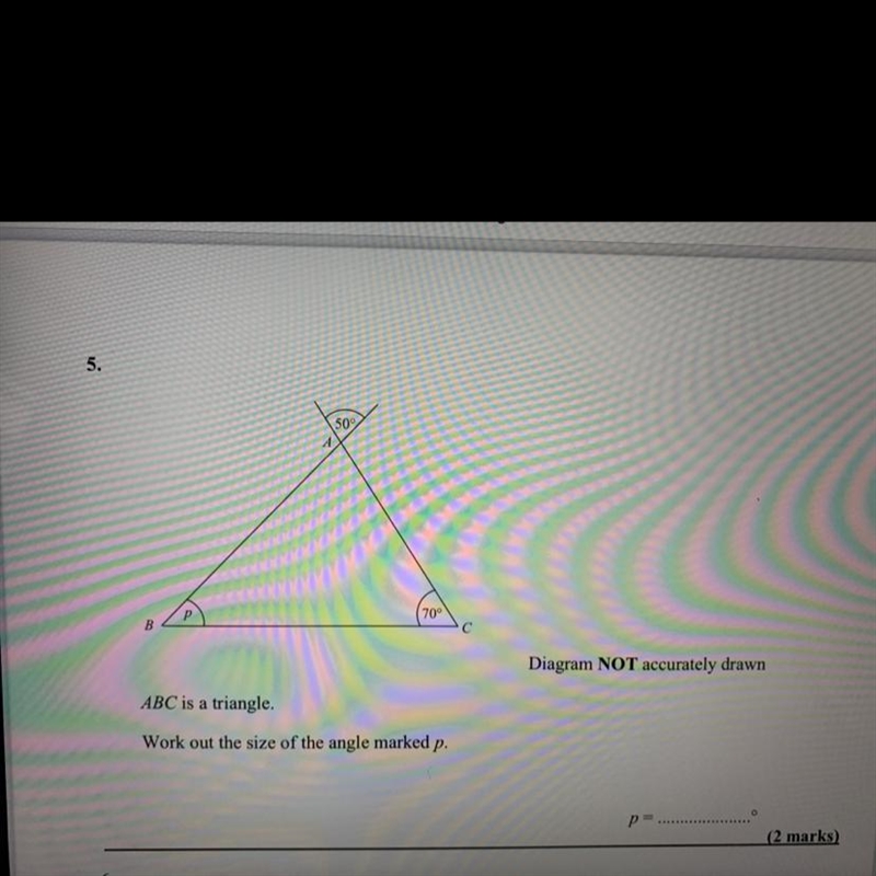 ABC is a triangle. Work out the size of the angle marked p.-example-1