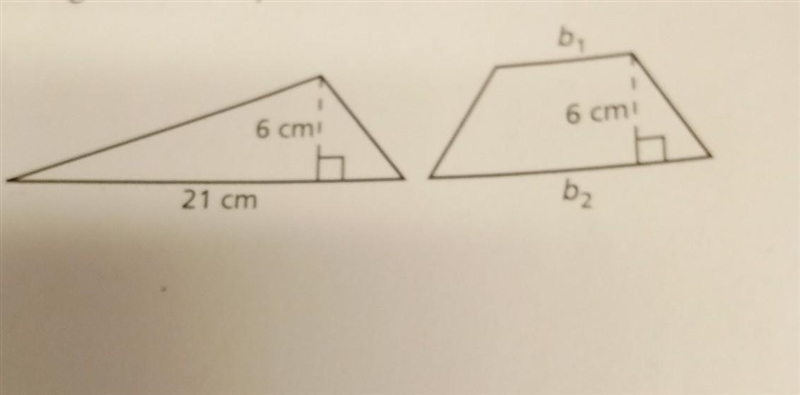 the triangle and the trapezoid have the same base area. Base b2 is twice the area-example-1