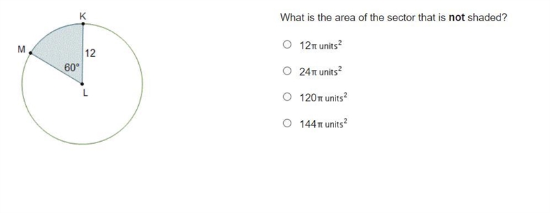 What is the area of the sector that is not shaded? 12Pi units squared 24Pi units squared-example-1