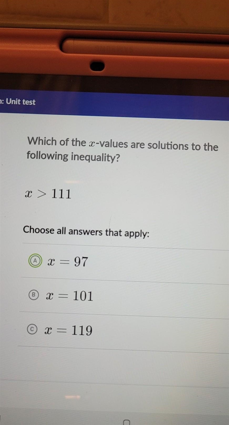 Unit test Which of the x-values are solutions to the following inequality? 2 > 111​-example-1