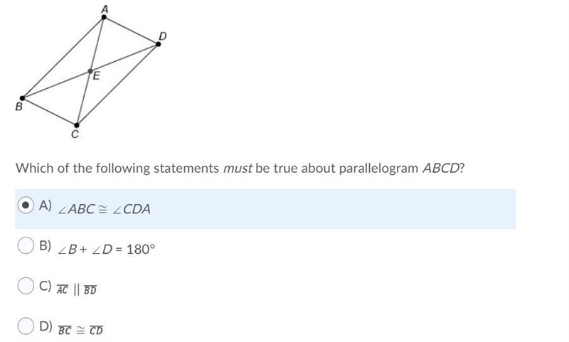 Which of the following statements must be true about parallelogram ABCD?-example-1