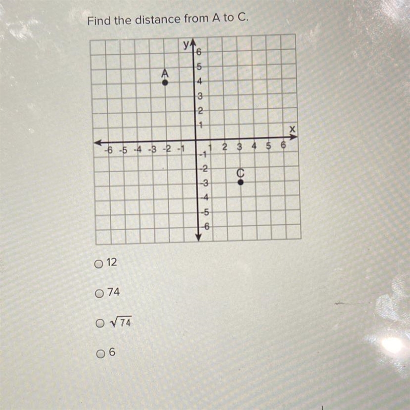 HELP HURRY Find the distance from A to C. 12 74 6-example-1