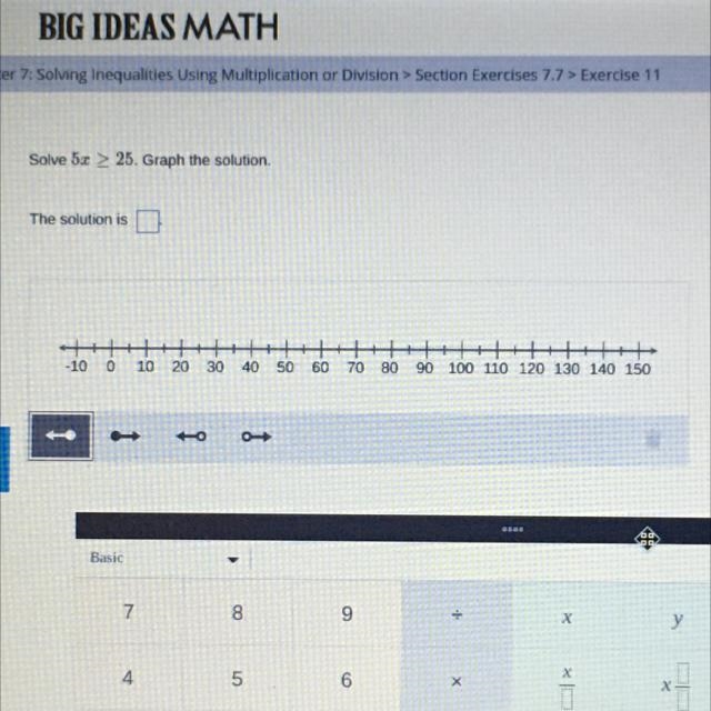 Solve 5x ≥ 25. Graph the solution.-example-1