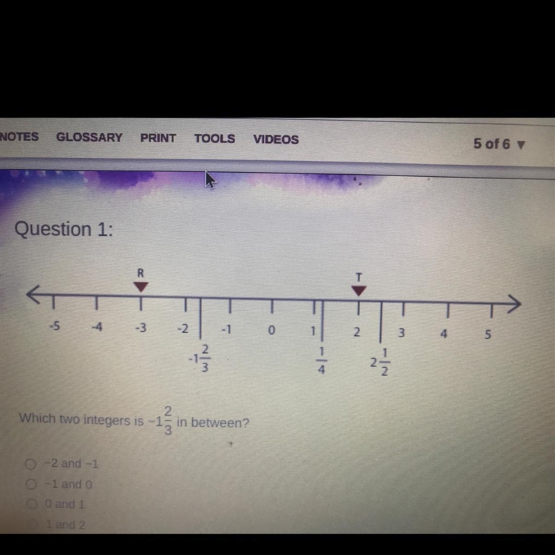 Which two integers is -1 2/3 in between? -2 and -1 -1 and 0 0 and 1 1 and 2-example-1