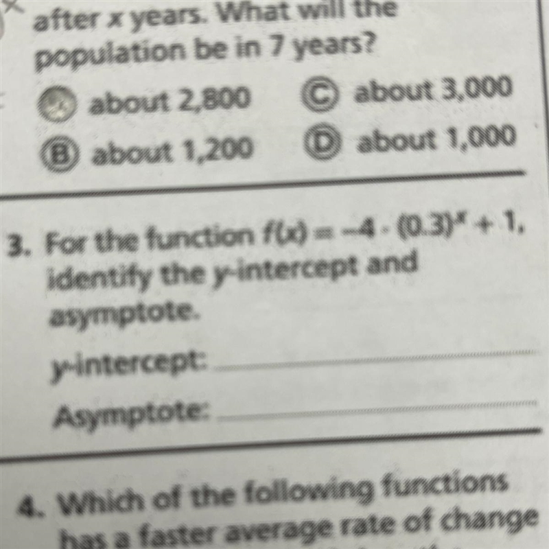 For the function f(x)=-4•(0.3)^x+1, identify the y-intercept and asymptote. Y-intercept-example-1