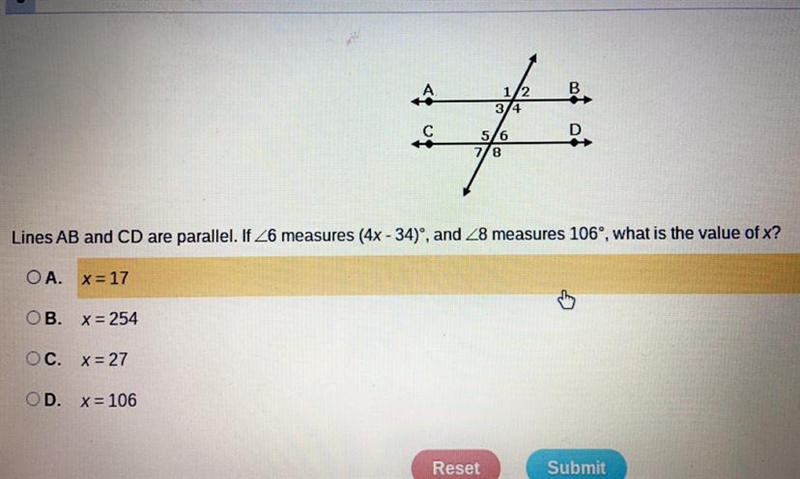 Lines AB and CD are parallel. If 26 measures (4x - 34), and 28 measures 106°, what-example-1