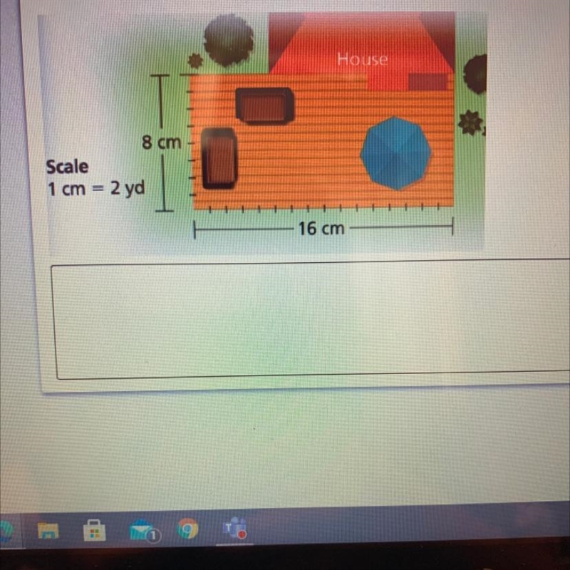 Below is a scale drawing of a deck for a house What are the length and width, in yards-example-1