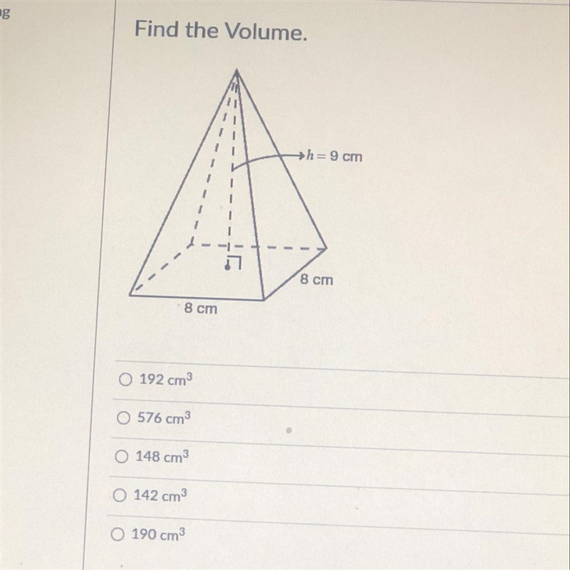 Find the volume h=9cm 8cm 8cm-example-1