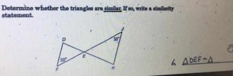 Determine whether the triangles are similar. If so, write a similarity statement.-example-1