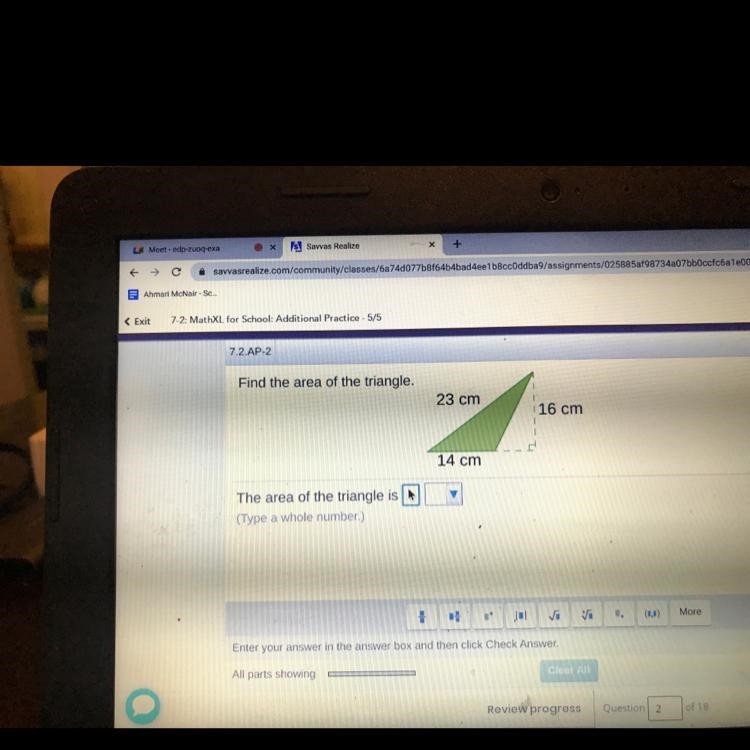 Find the area of the triangle. 23 cm 16 cm 14 cm-example-1