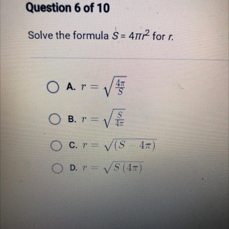 Solve the formula S=43.14r^2 for r.-example-1