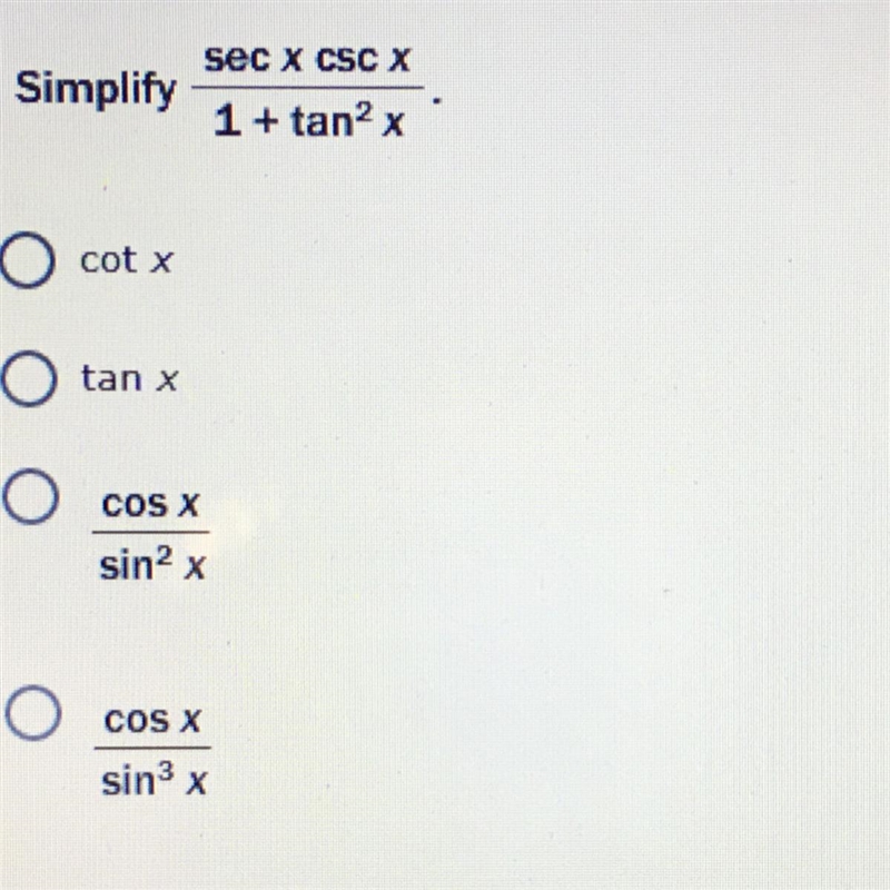 Simplify secxcscx/1+tan^2x.-example-1