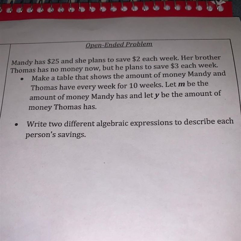 Mandy has $25 and she plans to save $2 each week. Her brother Thomas has no money-example-1