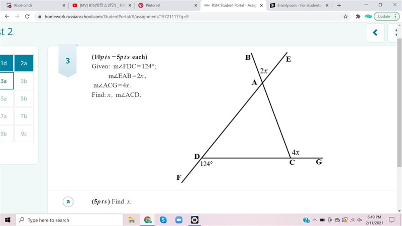 M∠FDC=124°; m∠EAB=2x, m∠ACG=4x. Find: x, m∠ACD-example-1