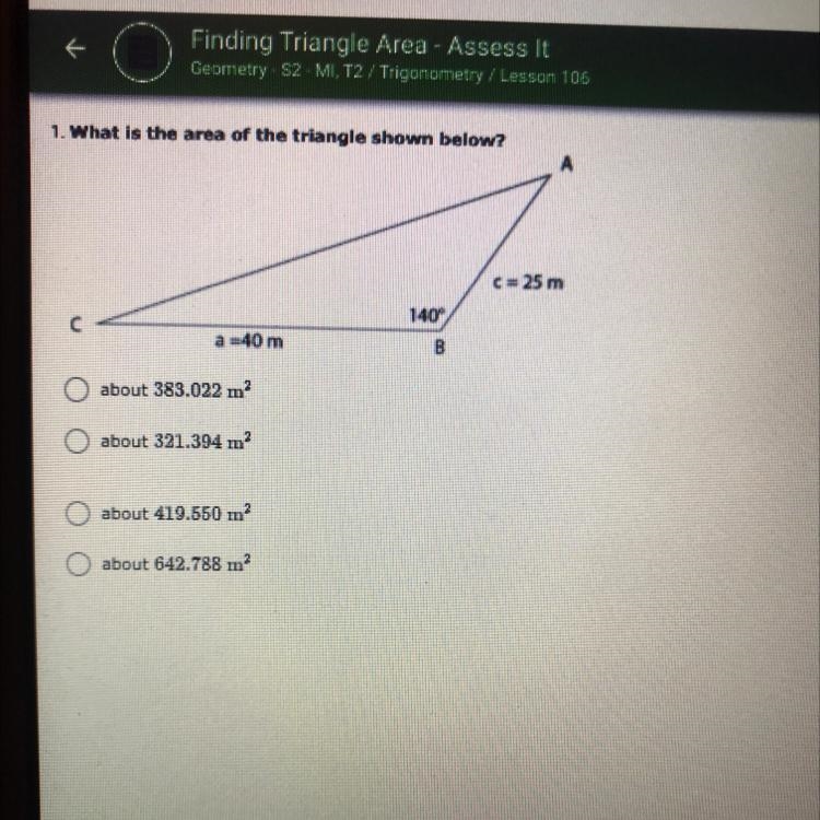 What is the area of the triangle shown below-example-1