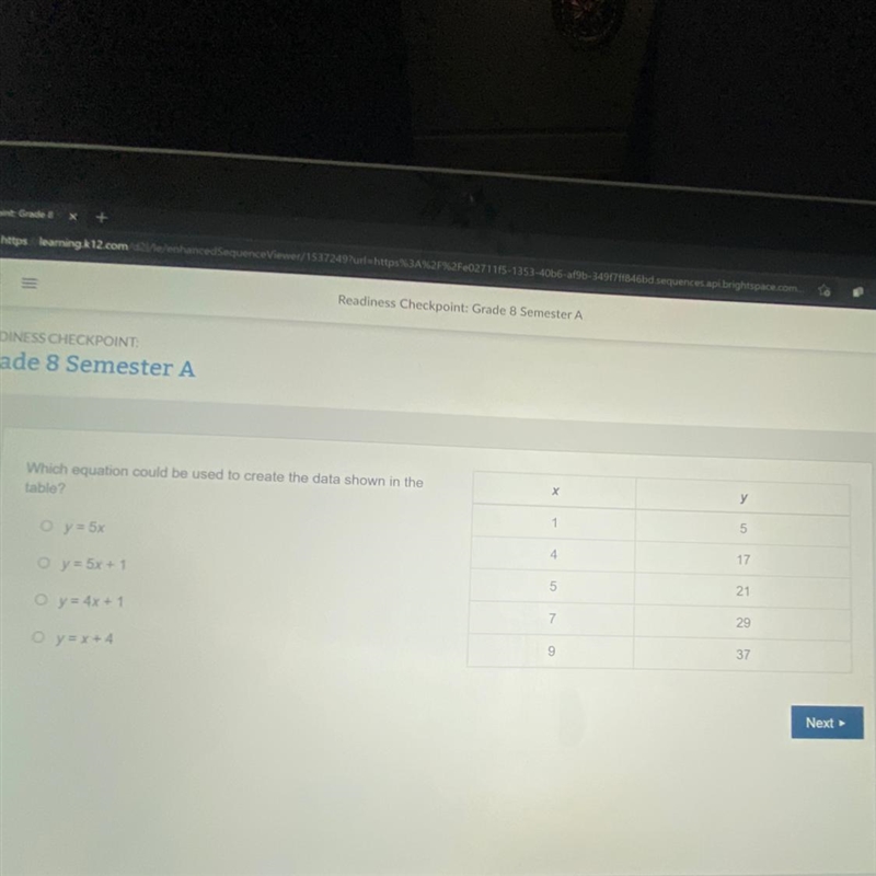 X у Which equation could be used to create the data shown in the table? 1 5 O y = 5x-example-1