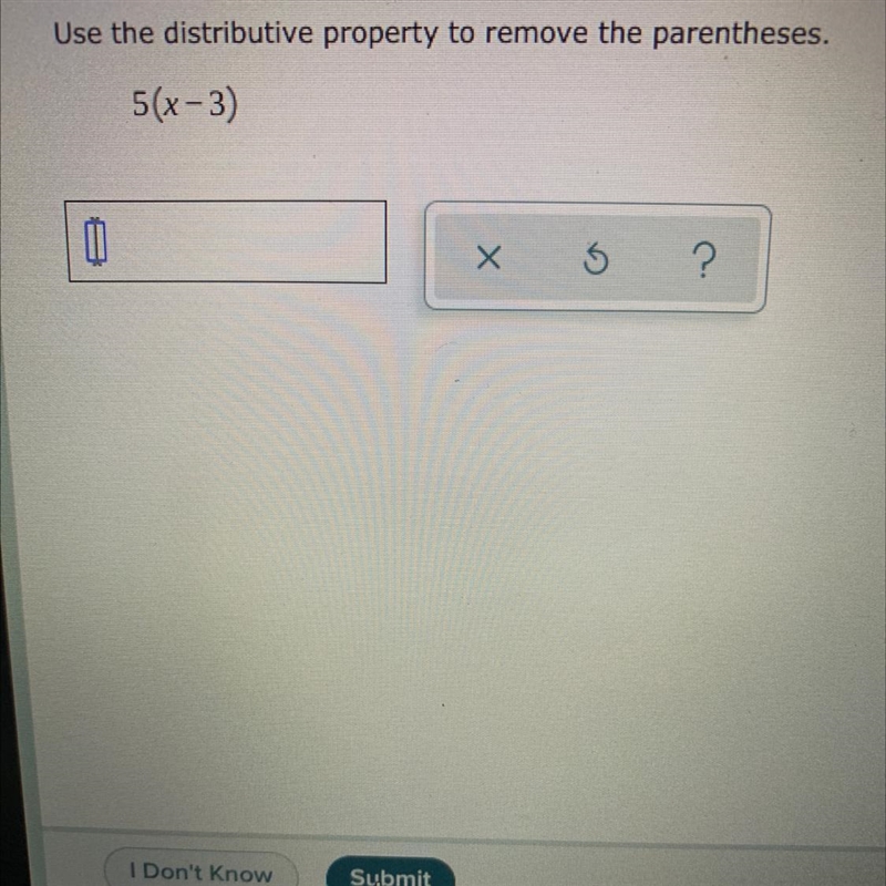 Use the distributive property to remove the parentheses 5(x-3)-example-1