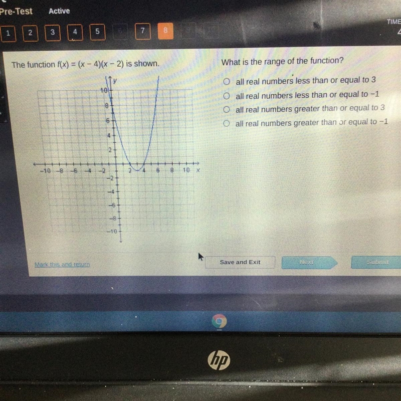 The function f(x) = (x – 4)(x - 2) is shown. What is the range of the function? all-example-1