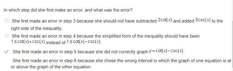 To solve the trigonometric inequality 2cos(x)+sin(x)-3/sin(x)<=3cot(x)-4csc(x) over-example-1