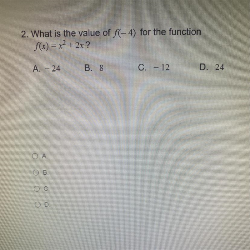 Help ASAP!! What is the value of f(-4) for the function-example-1