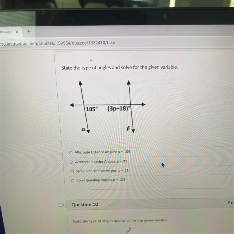 State the type of angles and solve for the given variable. 105° (3p-18) O Alternate-example-1