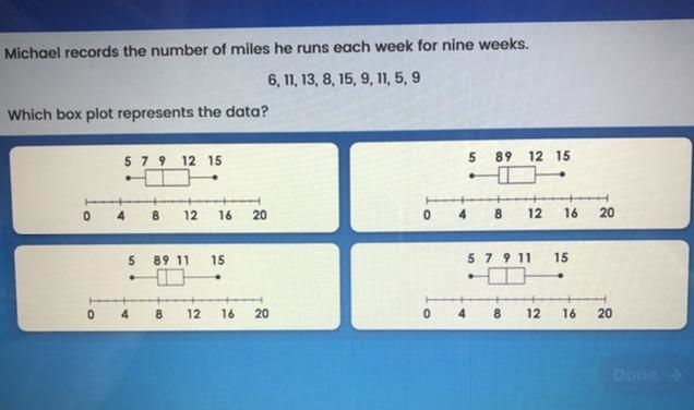 Micheal records the number of miles he runs each week for nine weeks. 6,11,13,8,15,9,11,5,9 Which-example-1