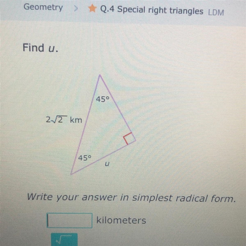 Special right triangles. Find u. Please help due in 30 min!!-example-1