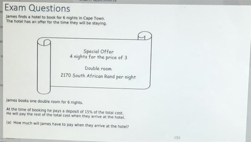 Exam Questions James finds a hotel to book for 6 nights in Cape Town. The hotel has-example-1