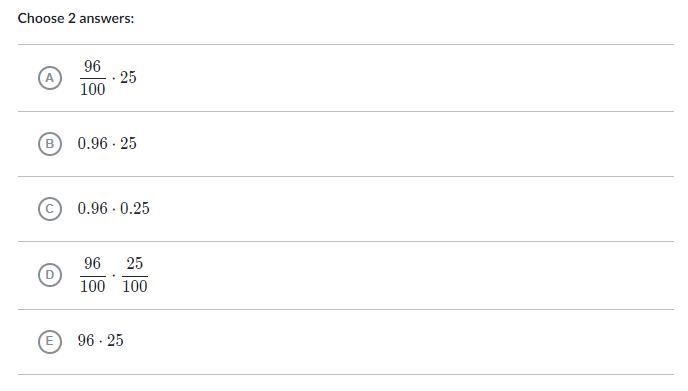 Which of the following options have the same value as 96% of 25?-example-1