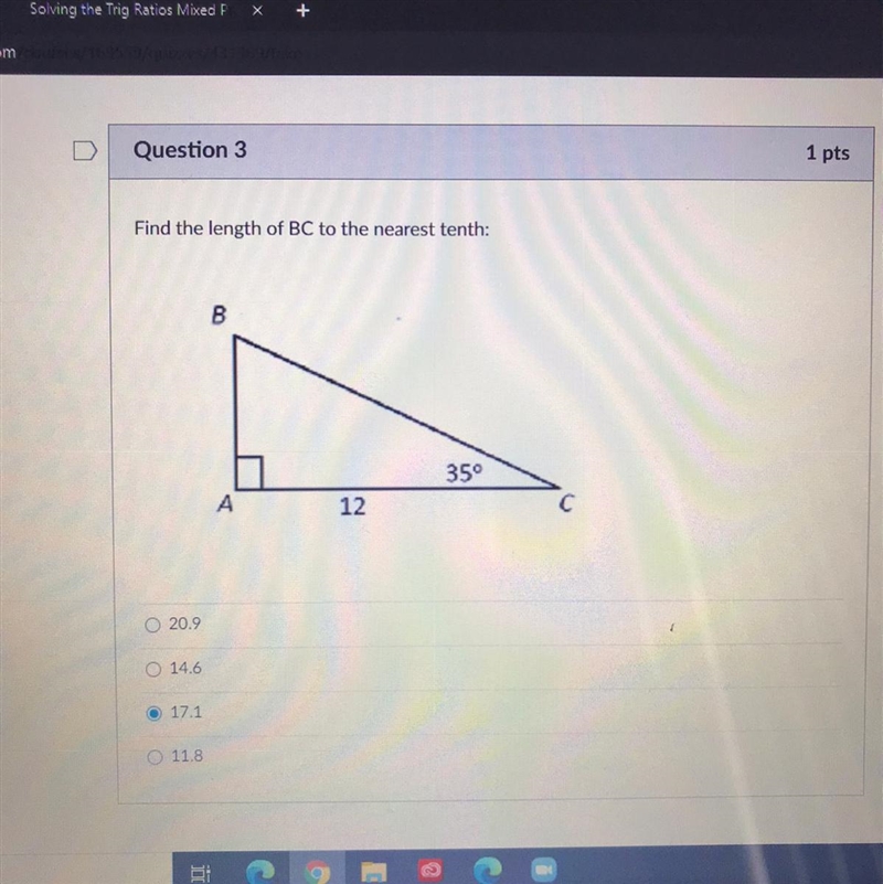 HELP PLS Find the length of BC to the nearest tenth: B 350 A 12 с 20.9 14.6 17.1 118-example-1