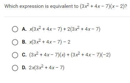 Which expression is equivalent to (3x^2+4x-7)(x-2)-example-1