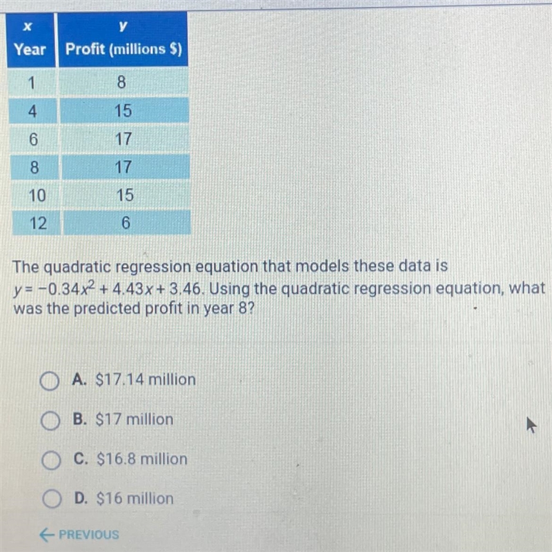 The quadratic regression equation that models these data is y = - 0.34x ^ 2 + 4.43x-example-1