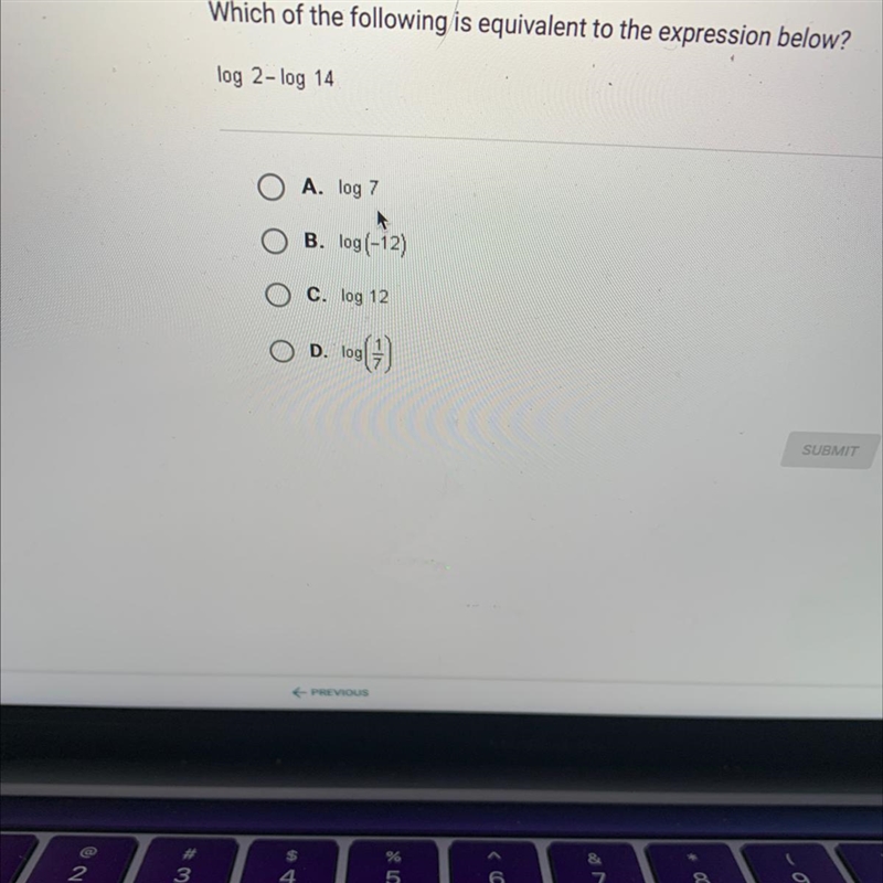 Which of the following is equivalent to the expression below? log 2-log 14-example-1