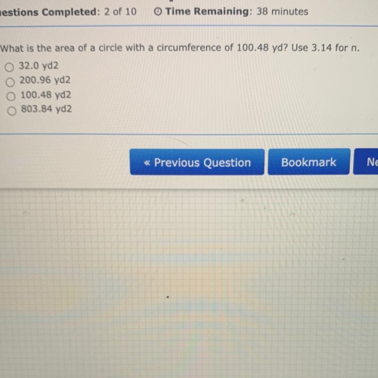 3. What is the area of a circle with a circumference of 100.48 yd? Use 3.14 for n-example-1