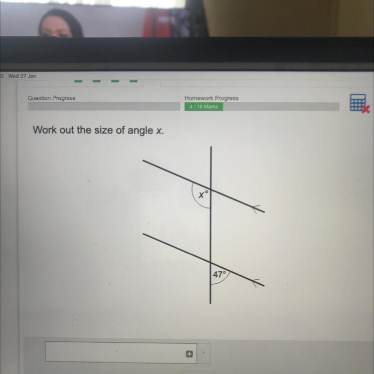 86 Work out the size of angle x. 47°-example-1