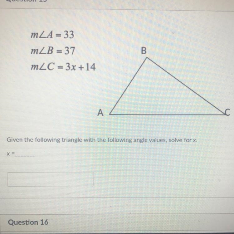 M M m Given the following triangle with the following angle values, solve for X,-example-1