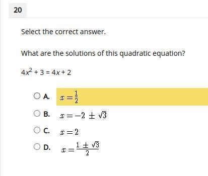 What are the solutions of this quadratic equation? 4x2 + 3 = 4x + 2-example-1