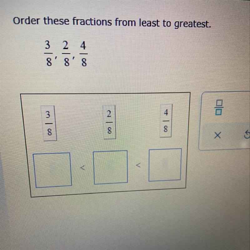 Order these fractions from least to greatest. 3/8, 2/8 , 4/8-example-1