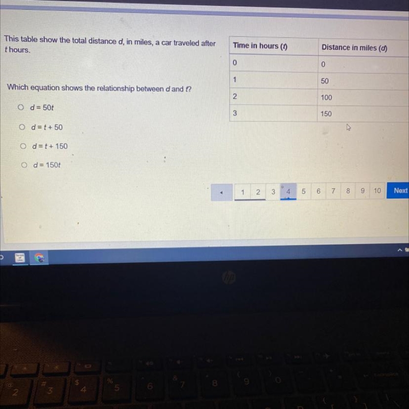 Which equation shows the relationship between d and t?-example-1